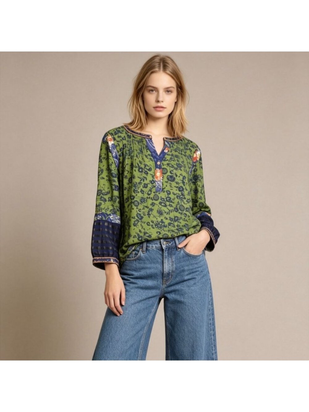 NWOT John Mark Embroidered Y-Neck 3/4 Sleeve Pintuck Tunic Top Blouse Shirt L